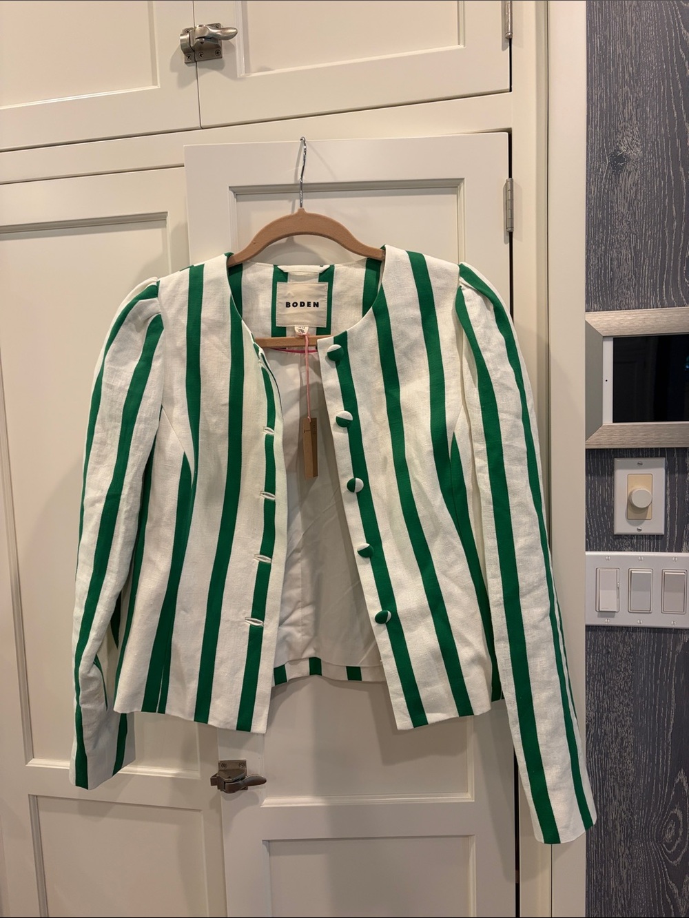 Boden Green and White Striped Collarless Blazer